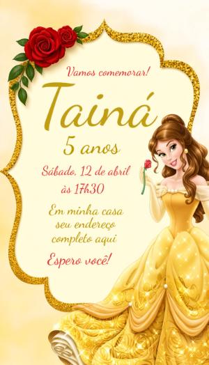 Convite de Aniversário da Princesa Bela Modelo Editável