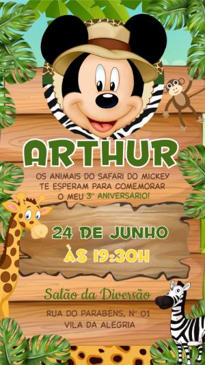 Convite Mickey Safari: Aniversário Infantil Editável