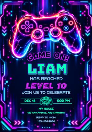 Level Up Neon Gamer Birthday Invitation - Editable Template