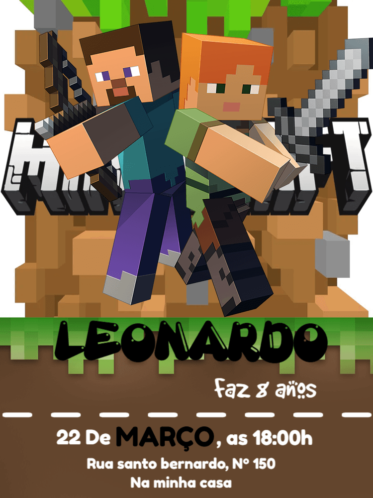 Convite de Aniversário Minecraft com Steve e Alex para Editar