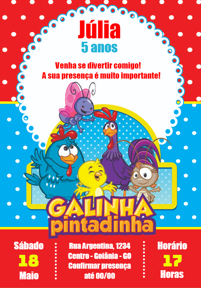 Convite de Aniversário Galinha Pintadinha para Editar Online