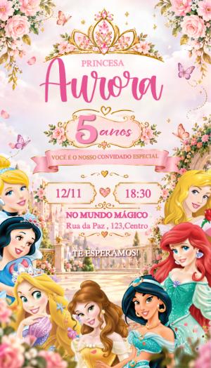 Convite de Aniversário Princesas Disney Rosa para Editar