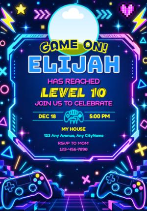 Neon Gamer Birthday Invitation | Level Up Editable Template