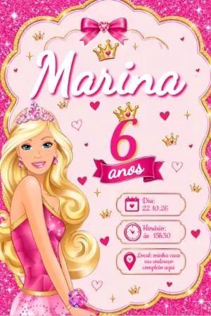 Convite de Aniversário Barbie Princesa | Modelo Digital Editável