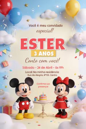 Convite Editável de Aniversário Mickey e Minnie
