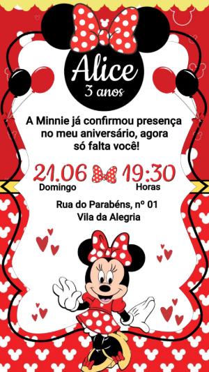 Convite de Aniversário Minnie Vermelha Modelo Editável