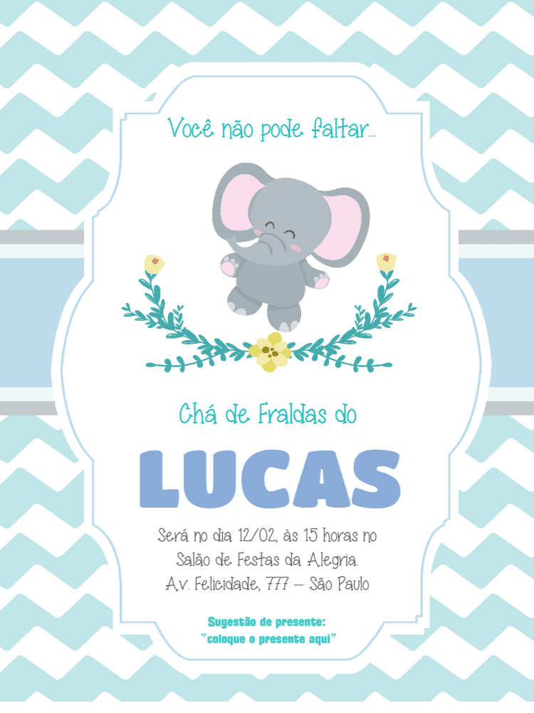 Convite Chá de Fraldas Elefante Azul para Editar