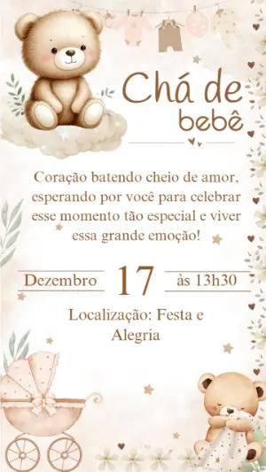 Convite Chá de Bebê Ursinho Aquarela Editável