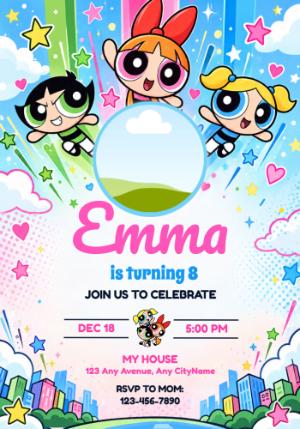 Editable Powerpuff Girls Photo Birthday Invitation