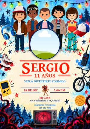 Invitación de Cumpleaños Stranger Things con foto para editar