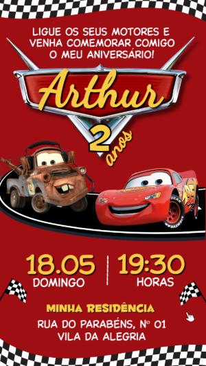 Convite de Aniversário Carros Disney: Modelo Digital Editável