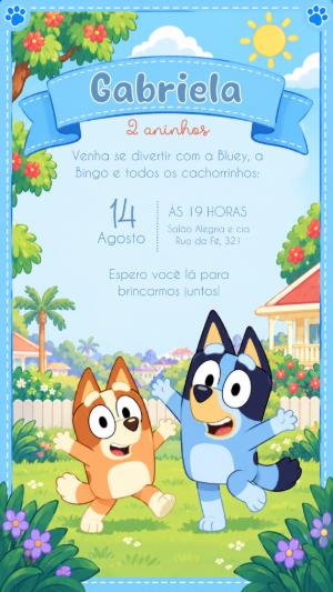 Convite Animado Aniversário Bluey e Bingo para Editar