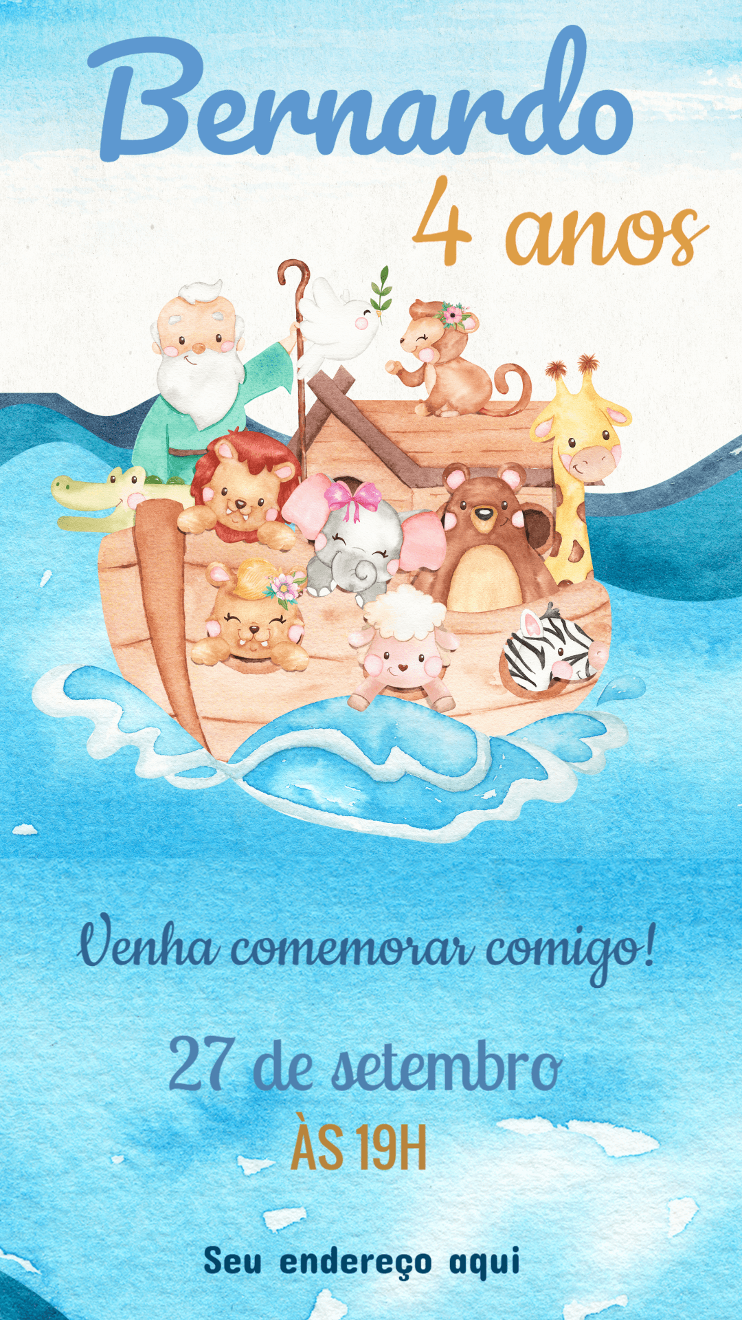 Convite de Aniversário Arca de Noé Aquarela para Editar Online