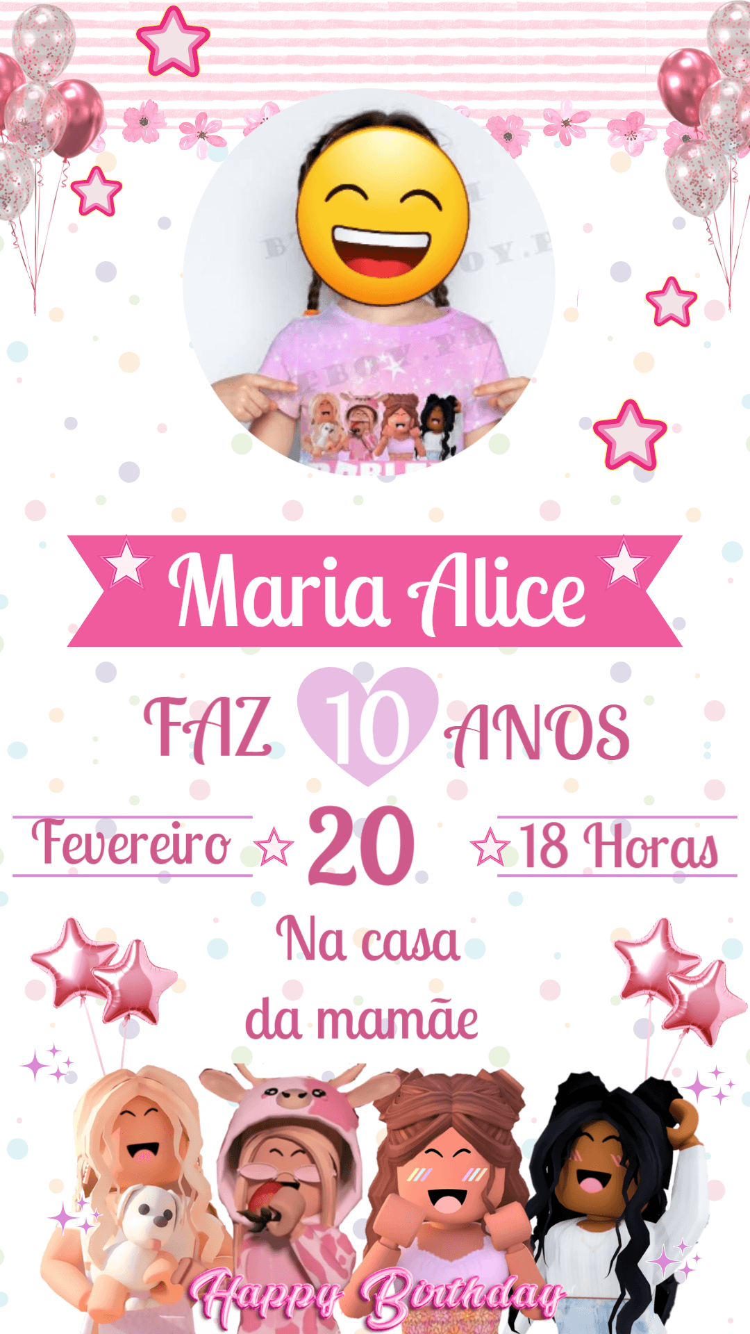 Convite de Aniversário Roblox Menina com Foto para Editar Online