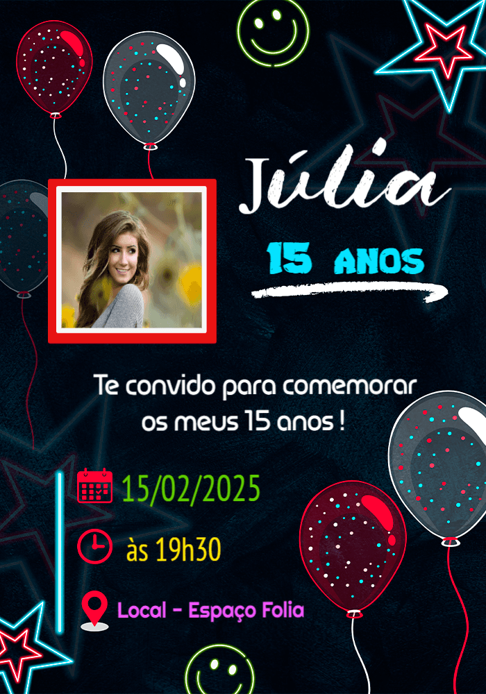Convite de 15 Anos Neon com Foto para Editar Online