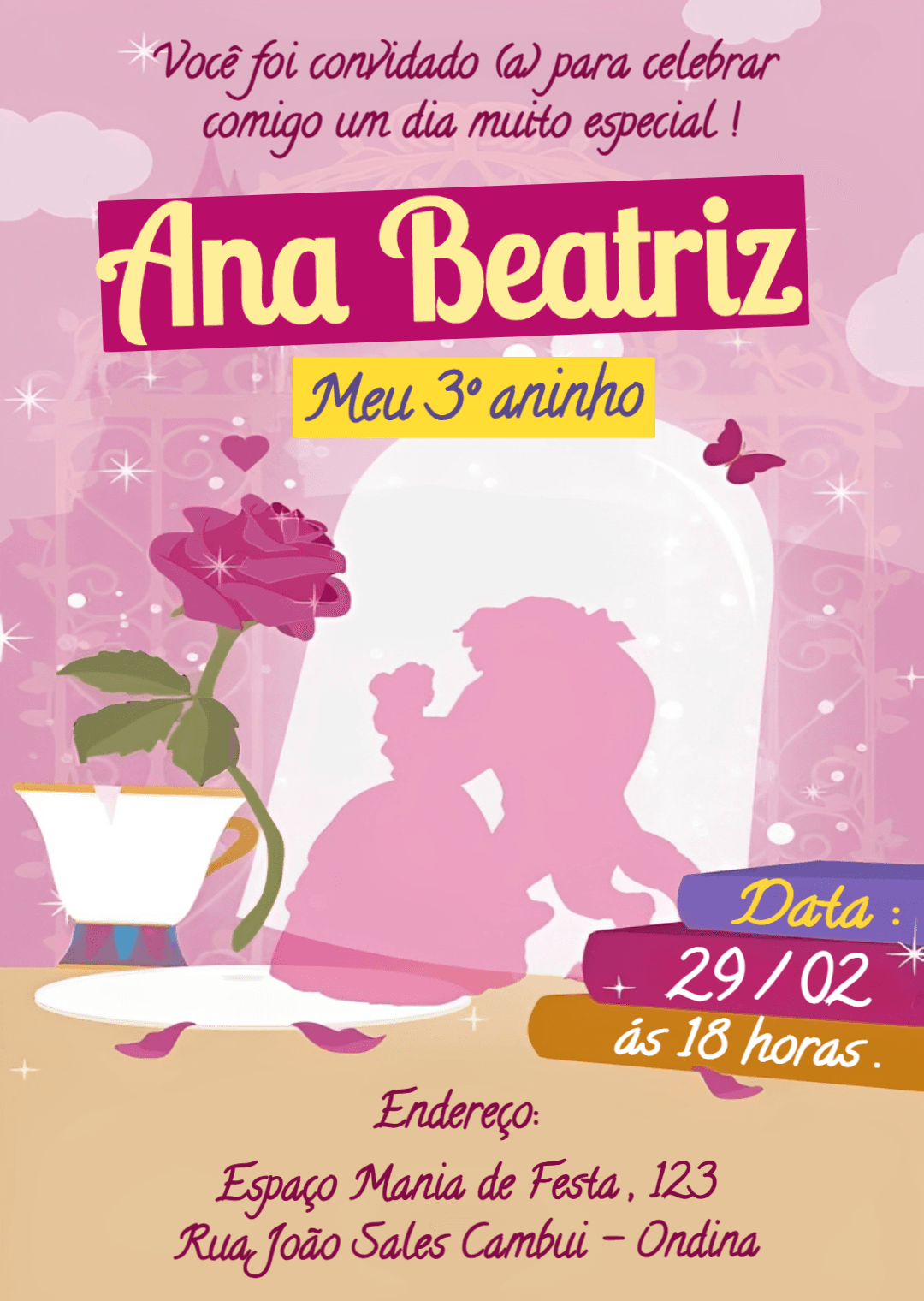 Convite de Aniversário A Bela e a Fera Rosa para Editar