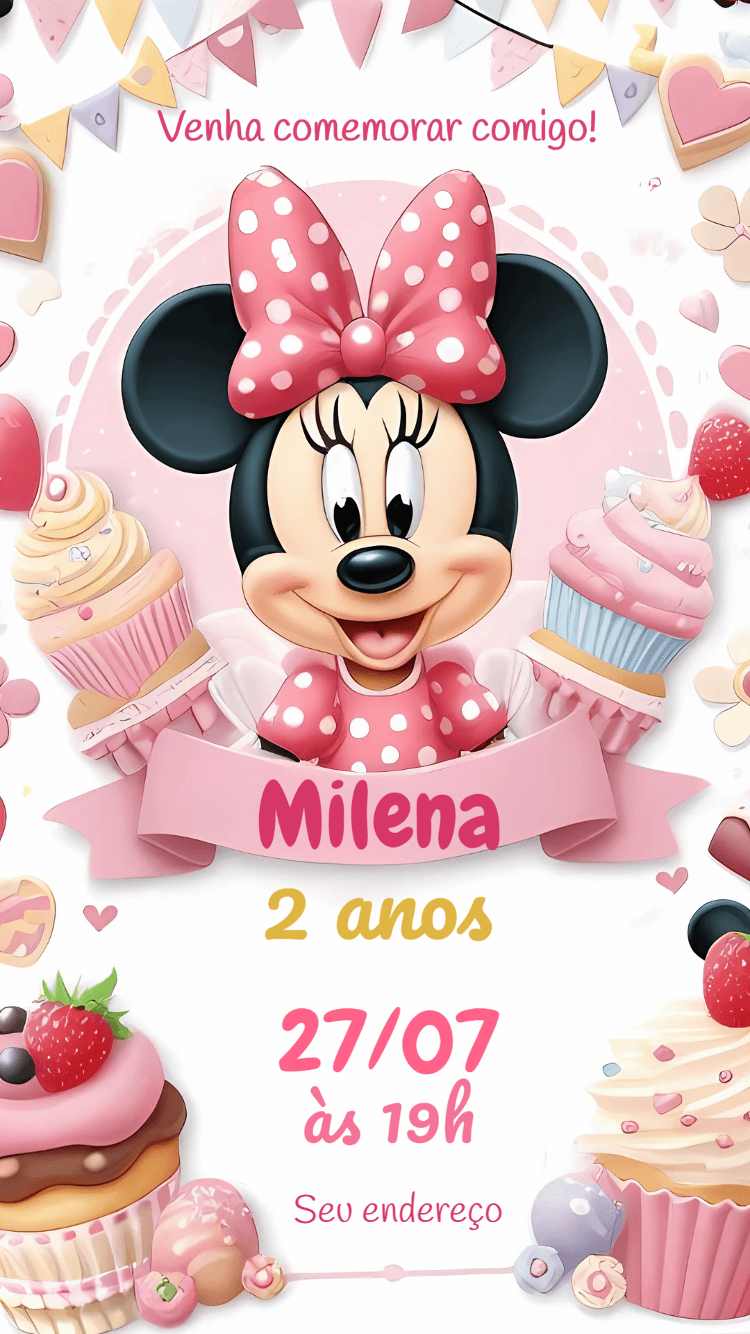 Convite de Aniversário Minnie Confeitaria Rosa para Editar