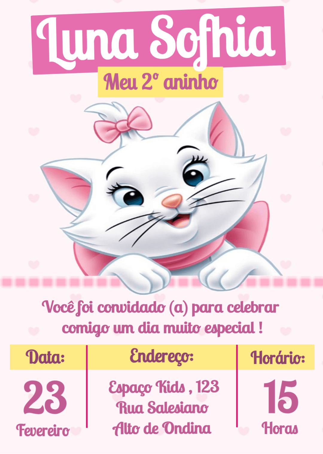 Convite de Aniversário Gatinha Marie Rosa para Editar Online
