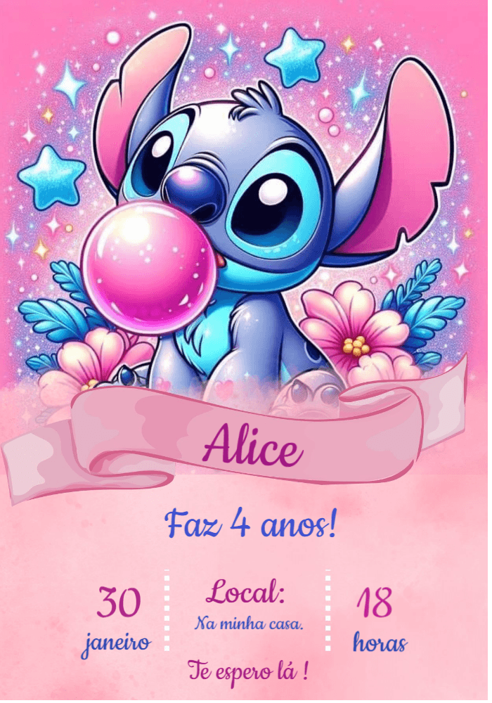 Convite de Aniversário Stitch Rosa para Editar Online