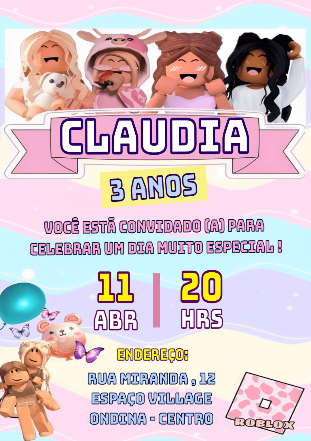Convite de Aniversário Roblox Menina para Editar Online
