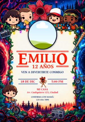 Invitación de Cumpleaños Stranger Things con Foto para Editar
