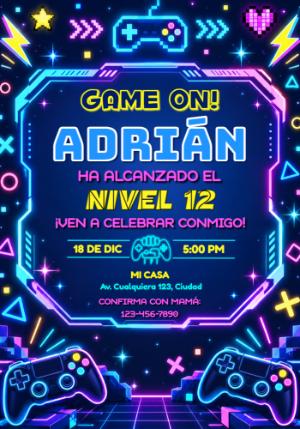 Invitación de Cumpleaños Gamer Neón para Editar Online