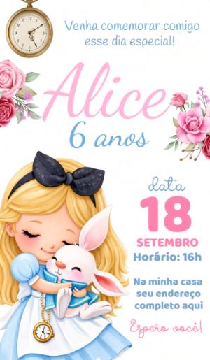 Convite de Aniversário Alice no País das Maravilhas Editável