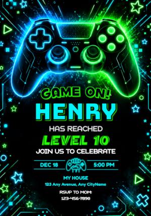 Editable Neon Gamer Birthday Invitation | Level Up Party