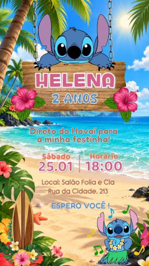 Convite de Aniversário Stitch Havaiano para Editar Online