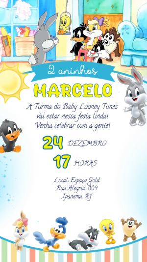 Convite Animado Aniversário Baby Looney Tunes para Editar