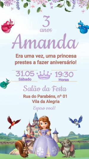Convite Digital Princesa Sofia: Modelo Editável de Aniversário