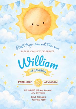 First Trip Around the Sun 1st Birthday Editable Invitation