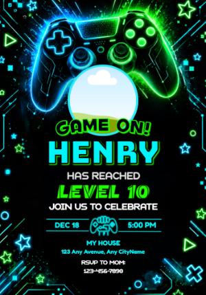 Neon Gamer Birthday Invitation | Editable Game On Template