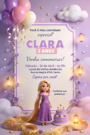 Convite de Aniversário Rapunzel Enrolados Lilás para Editar