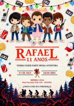 Convite de Aniversário Stranger Things Personagens Chibi para Editar