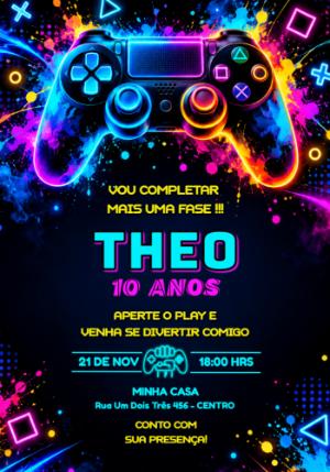 Convite de Aniversário Gamer Neon: Modelo Digital Editável