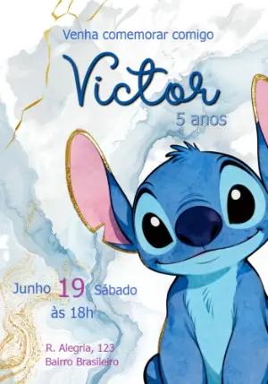 Convite de Aniversário Stitch Marmorizado Azul para Editar