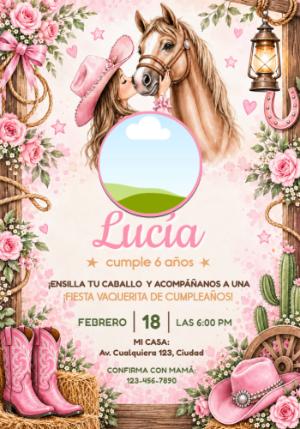 Invitación de Cumpleaños Vaquerita con Caballo Editable