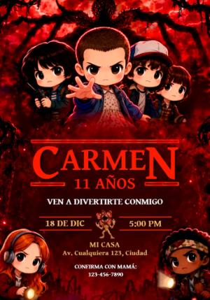 Invitación de Cumpleaños Stranger Things con Personajes Chibi para Editar