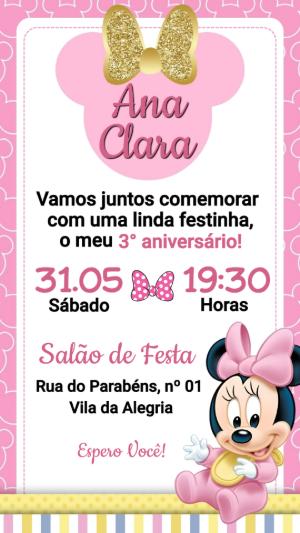 Convite Editável de Aniversário Minnie Baby Rosa e Dourado