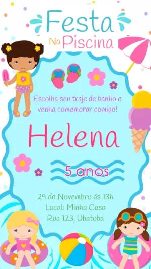 Convite Digital Aniversário Festa na Piscina Menina para Editar