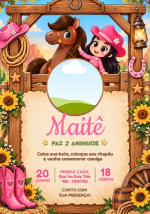 Convite de Aniversário Boiadeirinha com Foto Editável