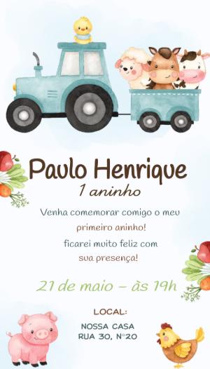 Convite de Aniversário Fazendinha Aquarela Modelo Editável