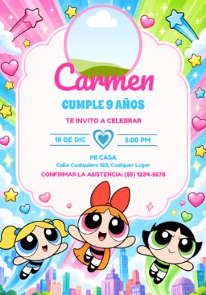 Invitación de Cumpleaños Las Chicas Superpoderosas con Foto Editable