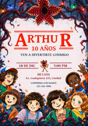 Invitación de Cumpleaños Stranger Things con Personajes para Editar