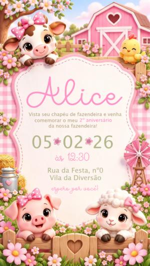 Convite Editável de Aniversário Fazendinha Menina Rosa