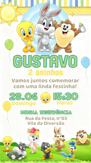 Convite de Aniversário Baby Looney Tunes Modelo Editável Infantil