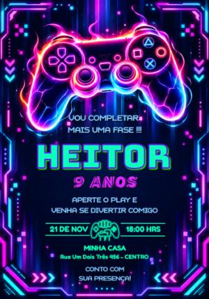 Convite de Aniversário Gamer Neon: Modelo Digital Editável