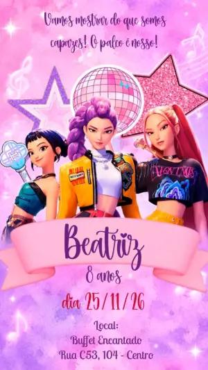 Convite Animado Guerreiras do K-pop Editável para Aniversário