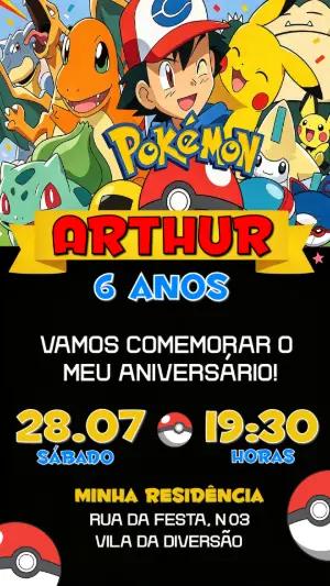 Convite de Aniversário Pokémon Editável com Ash e Pikachu